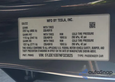 2022 Tesla Model 3 Long Range Dual Motor All-Wheel Drive z USA, uszkodzony, nr VIN 5YJ3E1EB7NF323825